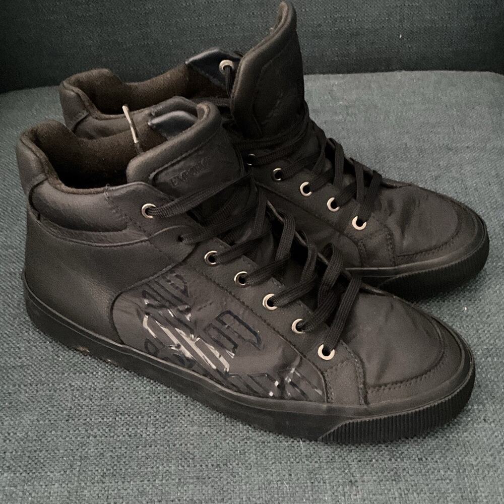 Emporio Armani Eagle Logo Nylon Leather High Top Sneakers Black Size 7 EU 40